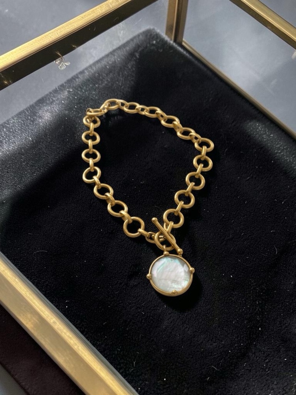 Julie Vos Gold-Tone Link Necklace with Mother-of-Pearl Disc w/pouch